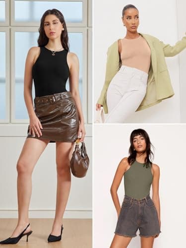 ATHMILE Tank Top Body Suits Women Sexy Crew Neck Racerback Halter Ribbed Sleeveless Bodysuit for Women - Thumbnail 6