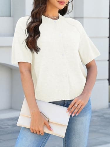 SkoinvbWomen's Short Sleeved Cardigan Sweater Round Neck Buttons Short Knit Top Cut Casual Ribbed Hem Pullover White S - Thumbnail 4