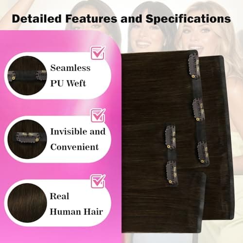 Ve Sunny Seamless Human Hair Clip in Extensions Medium Dark Brown 100g 20 Inch Invisible Real Human Hair Extensions Clip ins for Thining Hair Scalp Fill ins 4pcs - Thumbnail 4