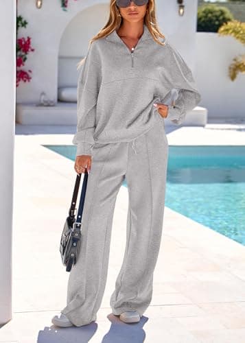 Lazysmile 2 Piece Sets For Women Lapel Half Zip Sweatshirt and Wide Leg Long Pants Sweatsuit Lounge Sets Workout Sets - Thumbnail 5