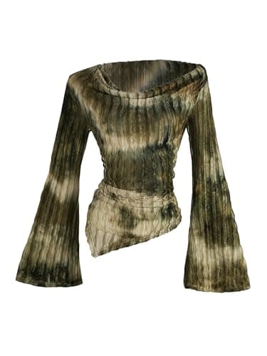 MakeMeChic Women's Cowl Neck Tops Tie Dye Shirt Bell Sleeve Hanky Hem Draped Going Out Crop Tops Army Green Medium - Image 1
