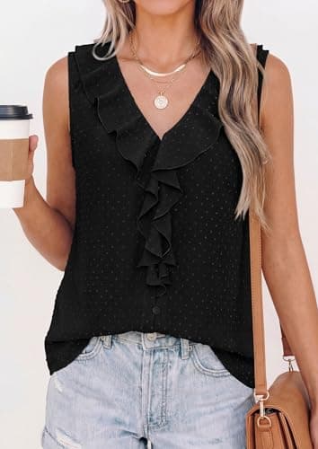 PRETTYGARDEN Womens Tank Tops 2026 Summer Dressy Casual Blouses Sleeveless Ruffle V Neck Swiss Dot Button Down Work Shirts (Black,Small) - Thumbnail 2