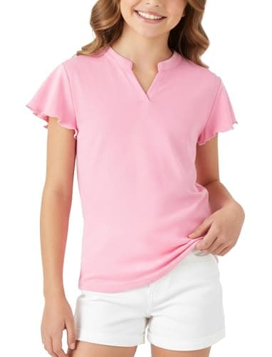 PATPAT Girls T Shirts Size 13-14 Years Pink Ruffle Short Sleeve V Neck Plain Blouse Teen Girl Summer Casual Cute Preppy Tops Tees - Image 1