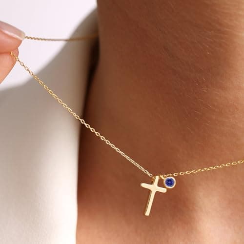 Turandoss Gold Cross Necklace for Women Trendy - 14K Gold Plated Dainty Cross Pendant Birthstone Necklaces, October Birthstone Necklace, Created Pink Sapphire Necklaces for Women Girls Jewelry Gifts - Thumbnail 4