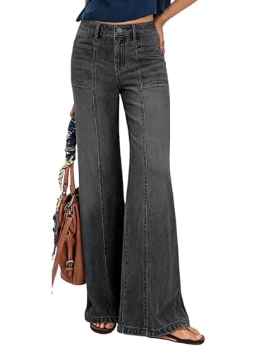 Skirt BL Wide Leg Jeans for Women Trendy High Waisted Flare Jeans Stretchy Baggy Denim Pants with Pockets Black - Image 1