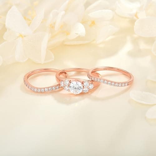Vinoya 925 Sterling Silver Wedding Rings for Women Cubic Zirconia Rose Gold Plated Rings Three-in-One Engagement Promise Eternity Bands for Bridal Stackable Ring Size 7 - Thumbnail 3