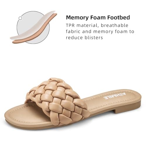 ATHMILE Braided Womens Sandals Round Open Toe Fashion Slide Sandals Women Dressy Summer Flat Beach Camel Size 10 - Thumbnail 4