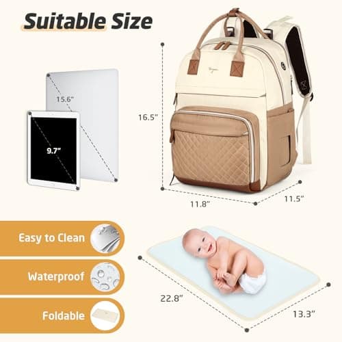 Tonyeee Diaper Bag Backpack - Extra Large Diaper Bag for 2 Kids Twin, Travel Baby Bags for Mom Dad 25-37L Expandable with Changing Pad Earphone Hole, Apricot Beige - Thumbnail 6