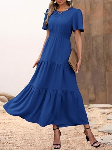 PRETTYGARDEN Women's Summer Casual Short Flutter Sleeve Round Neck Smocked Waist Tiered Boho Floral Flowy Maxi Dress(Solid Royal Blue,XX-Large) - Thumbnail 2