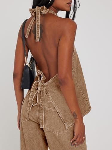 Tankaneo Womens Halter Denim Vest Tops Summer Open Back Y2K Going Out Tank Tops V Neck Button Down Jean Shirts - Thumbnail 2