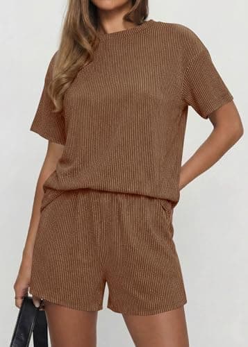KIRUNDO 2 Piece Sets for Women Summer Shorts Lounge Set Matching Ribbed Knit Short Sleeve Top Airport Travel Vacation Outfits(Brown, X-Large) - Thumbnail 5