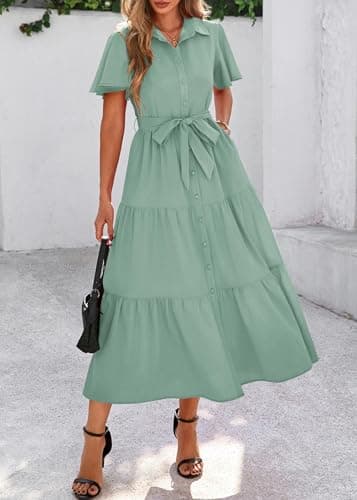 KIRUNDO Summer Button Down Wedding Guest Shirt Dresses for Women Maxi Flutter Short Sleeve Flowy Tiered Beach Sun Dress(Bean Green, XX-Large) - Thumbnail 6