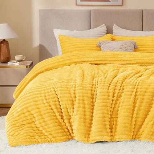 BEDELITE Fleece Queen Comforter Set -Super Soft & Warm Fluffy Bright Yellow Bedding, Luxury Fuzzy Heavy Bed Set for Winter with 2 Pillow Cases - Image 1