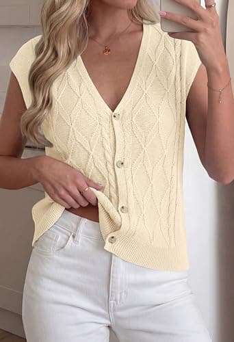 BTFBM Sweater Vest Women V Neck Cap Sleeve Button Down Knit Tops Spring Summer 2026 Loose Lightweight Cardigan Vests(Beige, X-Large) - Thumbnail 5