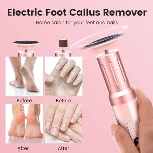 2 in 1 Electric Foot Callus Remover Women, 2000RPM Electric Callus Remover for Feet with 6 Adjustable Settings, Rechargeable Foot File with 40Pcs Sandpaper Discs for Women's Day Gift (Pink) - Thumbnail 5
