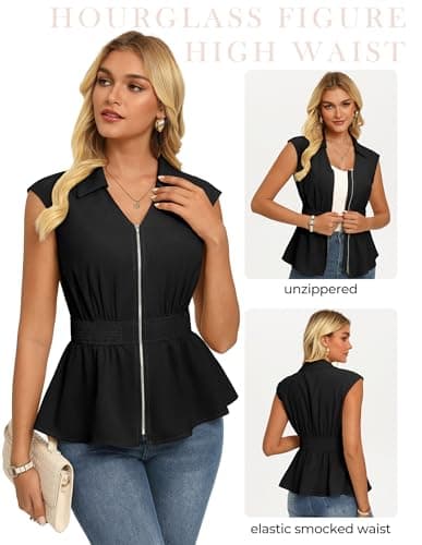 GRACE KARIN Womens Peplum Tops Business Casual,Short Sleeve Work Blouses Summer,Zipper V Neck Shirts Cinched Smocked Waist, Black, X-Large - Thumbnail 3