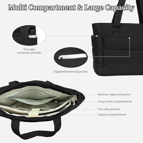 JHhomezeit Puffer Tote Bag for Women-Large Work Tote Bags Quilted Lightweight Puffy Bags Shoulder Bag with Laptop Compartment Black - Thumbnail 5