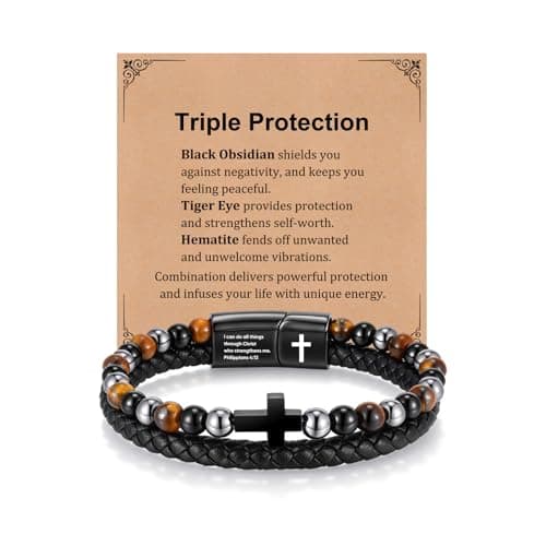 Cross Bracelet for Men Him - Triple Protection Hematite Black Obsidian Tiger Eye Beaded Bracelets, Faith Religious Happy Easter Catholic Christian Communion Baptism Gift Easter Basket Stuffers - Image 1