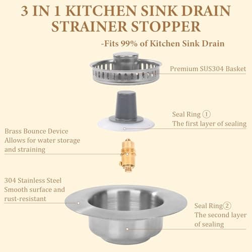 3-in-1 Kitchen Sink Drain Strainer - Pop Up Sink Stopper with Anti-Clogging Basket, Kitchen Gadgets Clearance Sink Accessories, Fits Standard 3-1/2” Openings for Double Bowl Kitchen Sinks - Thumbnail 3