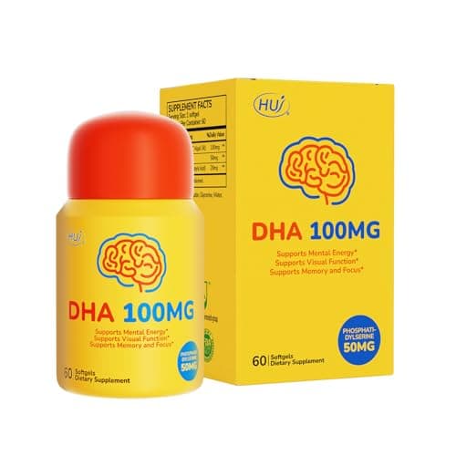 HUJ DHA 100mg - Kids DHA Supplemnent - Algal Oil - Contain DHA, Phosphatidyserine & GABA - Supports Mental Energy，Visual Function，Memory and Focus* - 60 Softgels