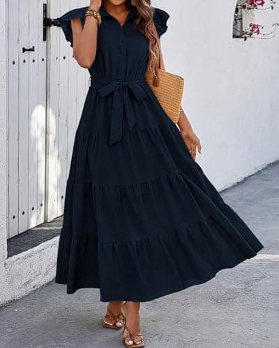 dowerme Women's Summer Casual Dresses 2025 Cap Ruffle Sleeve V Neck Button Belted Tiered Boho Maxi Dress with Pockets(Navy,Small) - Thumbnail 4