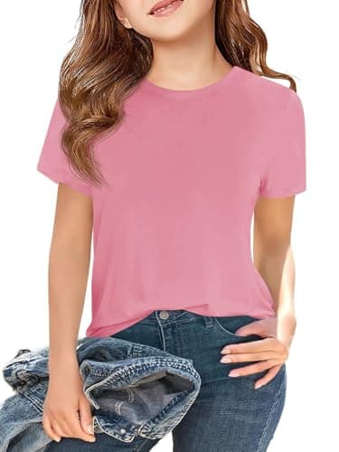 Girls Summer T-Shirts Loose Fit Crewneck Short Sleeve Basic Tees 5-14 Years Trendy Everyday Tops for Girls 2026 Pink - Image 1