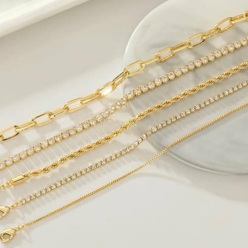 Gold Bracelets for Women 14K Gold Plated Stack Trend Bracelets Charm Paperclip Chain Cuban Link Layered Waterproof Bracelet Dainty Bracelet for Women Jewelry Gifts (Gold 5Pcs) - Thumbnail 6