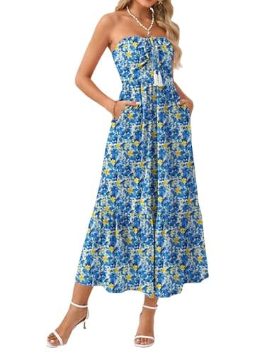 GRACE KARIN Strapless Floral Maxi Dress,Summer Casual Tube Top Boho Dresses,Beach Smocked Flowy Dress with Pockets Blue Yellow L - Image 1