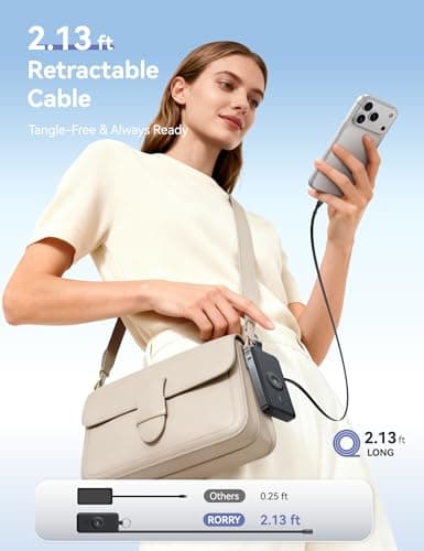 RORRY Portable Charger, 12000mAh 30W Fast Charging Power Bank with Built-in Retractable USB C Cable, Battery Pack with Keychain, Travel Essentials for iPhone, Apple Watch, iPad, Black - Thumbnail 3