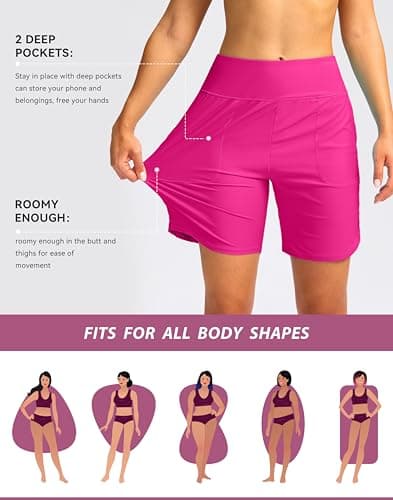 Viodia Women's 7" Swim Board Shorts High Waisted Modest Swimsuit Bathing Suit Beach Swimming Trunks for Women with Pockets Rosy - Thumbnail 4