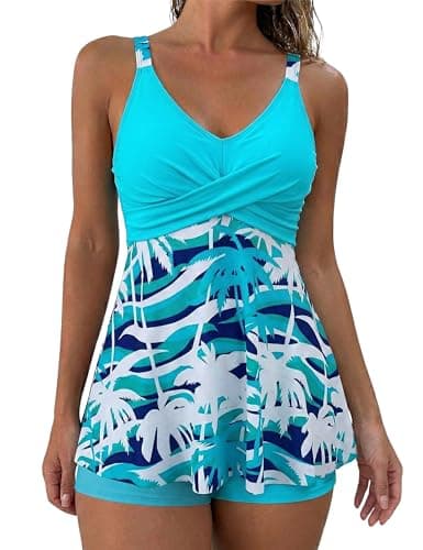 Firpearl Women 2 Piece Flowy Tankini Swimsuits with Boyshorts V Neck Swim Tank Tops Bathing Suits Modest Swimwear XXL/US16 Sky Blue - Image 1