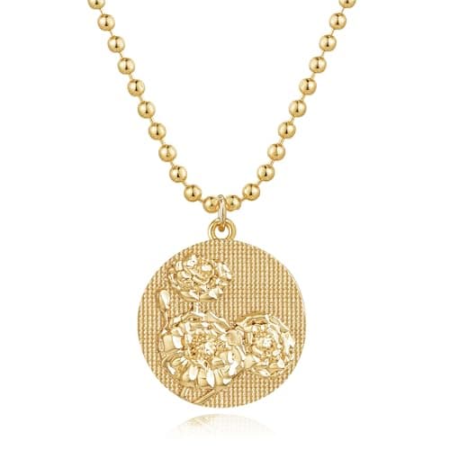 MEVECCO Gold Birth Flower Coin Necklace for Women 12 Month April Daisy Pendent 18K Gold Plated with Beaded Chain Personalized Embossed Floral Disc Necklace Birthday Gifts - Image 1