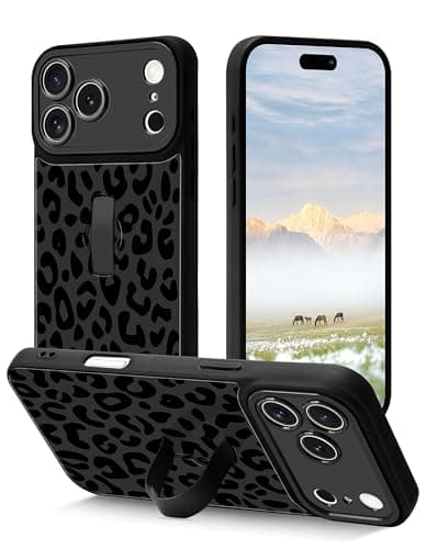 Aitipy Cheetah Phone Case Compatible with iPhone 17 Pro, with Leopard Print Finger Hand Strap Kickstand Shockproof Full Camera Protection Soft TPU Protective Cover for Women Girls, Black