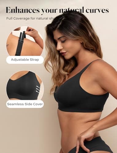 COMFELIE Seamless Wireless Full Coverage Minimizer Bra for Women, No Wire V-Neck Bralette for Big Bust with Adjustable Straps and Everyday Comfort Black - Thumbnail 2