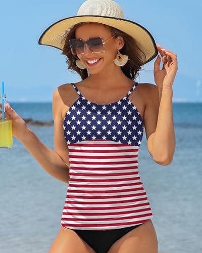 ANFILIA Tankini Tops for Women Swimwear Tummy Control Bathing Suit Tops Swim Tops Women Top Only American Flag - Thumbnail 6