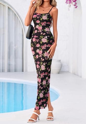 BTFBM Womens Maxi Dress 2026 Spring Floral Sexy Spaghetti Straps Sleeveless Bodycon Summer Beach Wedding Guest Dresses(Floral Black Pink, Small) - Thumbnail 4