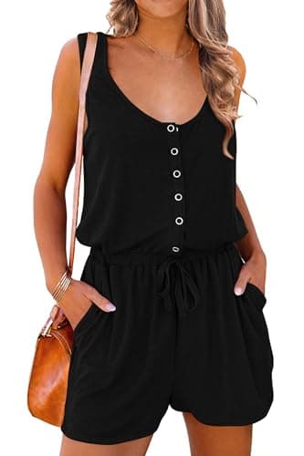 PRETTYGARDEN Women's Summer Casual Shorts Jumpsuit Plain Scoop Neck Button Down Sleeveless Tank Top Rompers With Pockets(Black,Large) - Image 1