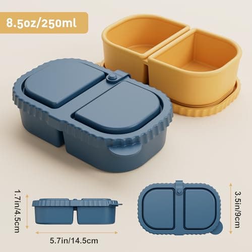 DRNKNSTX 3 Pack Reusable Silicone Snack Containers with Lids, 8.5oz 2 Compartment Snackle Box Containers, Ideal Portable Small Snack Pack Containers for School, Office and Picnic (Blue, Pink, Yellow) - Thumbnail 4