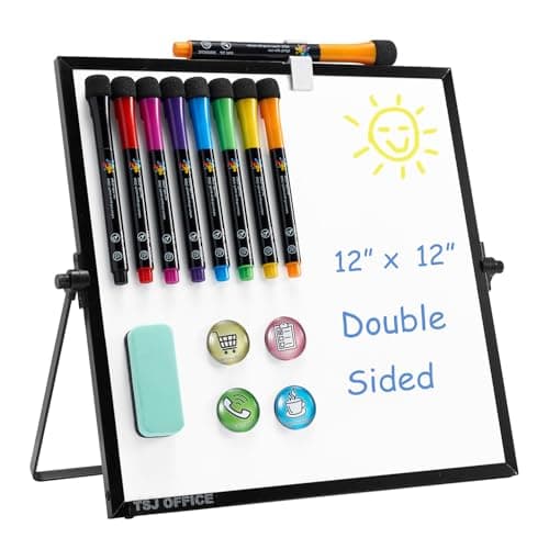 TSJ OFFICE Small White Board - 12 X 12 Inches Small Magnetic Dry Erase Board with Hooks for Wall, Desktop Whiteboard Stand 360 Degrees Revolving Double Sided for Office, Home, School, Black