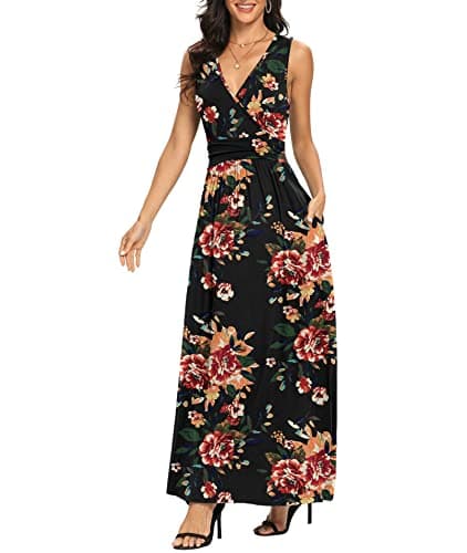 LILBETTER Women's Sleeveless Casual Loose Pocket Maxi Party Long Dresses with Pockets(F Brown Floral Black,X-Large) - Thumbnail 2