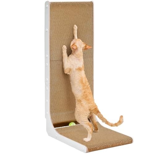 EHEYCIGA Cardboard Cat Scratcher for Indoor Cats, 32 Inch L Shaped Vertical Cat Scratching Board with Ball Cat Toy, Extra Large Cat Scratcher Pad, White - Image 1