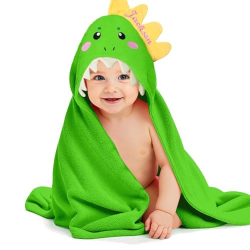 Individz Custom Hooded Bath Towel with Name, Personalized Highly Absorbent Bunny Towels, Baby Bath Towels for Girls Boys, Brithday for Baby, Toddler, Newborn (Green-Dinosaurs) - Image 1