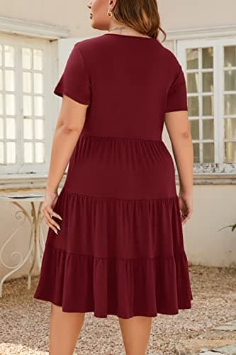 Younrui Women's Plus Size Midi Aline Casual Dress Short Sleeve Solid Babydoll Flowy Ruffle Hem Tiered Summer Dress (1XL-1001-Burgundy) - Thumbnail 2