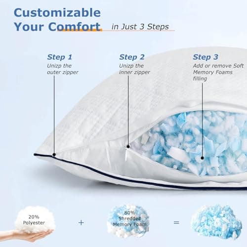 Slybear Cooling Bed Pillows King Size Set of 2 for Sleeping, Adjustable Shredded Memory Foam Pillows for Side Back Stomach Sleepers -Luxury Gel Pillows Hotel with Washable Removable Cover - Thumbnail 4