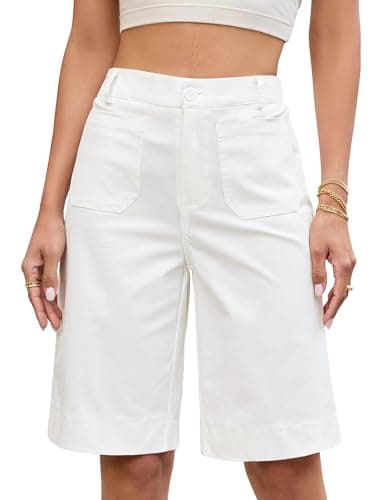 luvamia Bermuda Shorts for Women Knee Length High Waisted Dressy Casual Patch Pocket Chino Elastic Waist Long Shorts White Size Medium Fits US 8-10 - Image 1