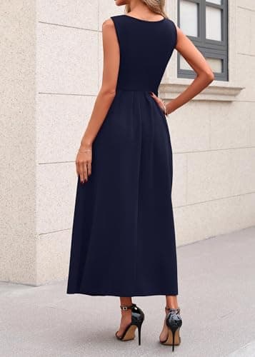 Lazysmile Summer Sleeveless Maxi Dresses for Women Mock Neck Pleated A Line Formal Cocktail Wedding Guest Dress Navy - Thumbnail 2
