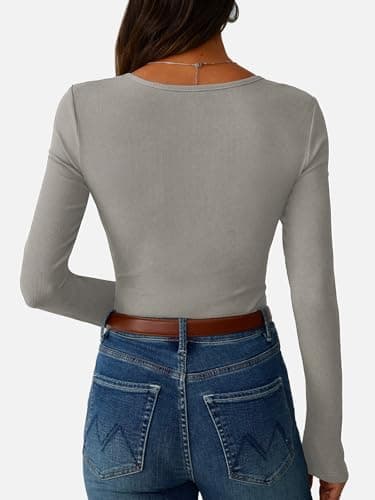 GKBK Long Sleeve Shirts Basic Tees Tshirts for Women Ribbed Fitted Tight Henley Shirts Dressy Casual Cute Spring Fall Tops 2025 Trendy Outfits Clothes Grey XXL - Thumbnail 5