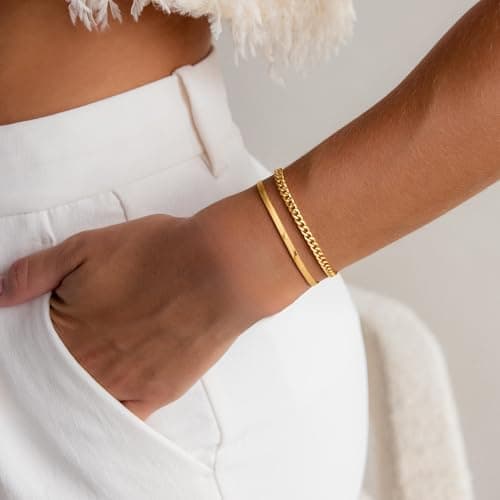 Mujahid Waterproof Gold Plated Bracelets Set for Women Trendy, Dainty 14K Gold Jewelry Fashion Stackable Tennis Beaded Figaro Herringbone Paperclip Link Bracelet Pack Stack Gifts for Women,Never Fade - Thumbnail 5