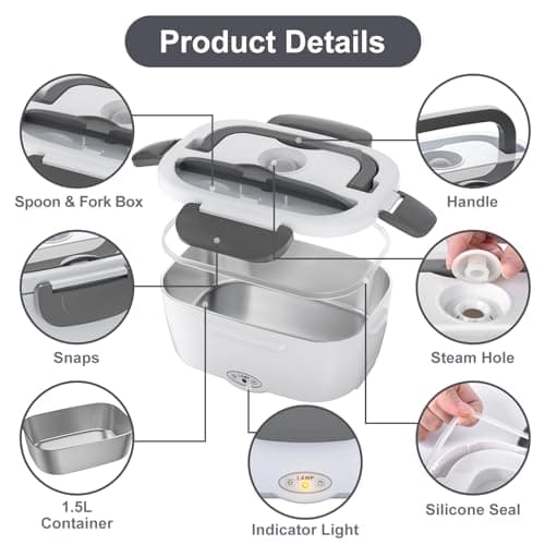 Vabaso Electric Lunch Box Food Heater, 80W Electric Heating Lunch Boxes Lunch for Car/Men/Adults/Home/Work, 1.5L Removable 304 Stainless Steel Container, 110V/12V/24V, with Fork & Spoon - Thumbnail 5