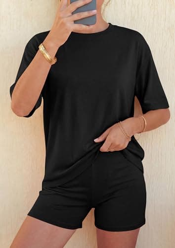 PRETTYGARDEN 2026 Women's Summer 2 Piece Sets Casual Lounge Set Short Sleeve Tops Shirts Shorts Travel Beach Vacation Outfits (Black,X-Small) - Thumbnail 2